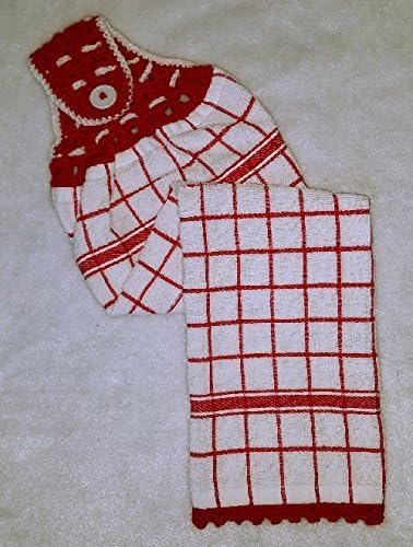 Red and White Windowpane Contemporary Hanging Kitchen Towel. Unique cluster crochet stitch with braided inserts for added texture. Button closure.