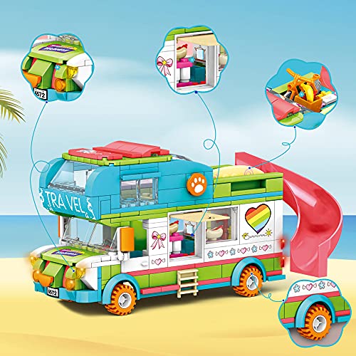 HOGOKIDS Girls Camper Building Toy: 452 PCS Camper Van Playset Building Blocks Toy with Slide | STEM Construction Kit for Girls Creative Building Bricks Gift for Kids Age 6 7 8 9 10 11 12