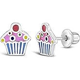 925 Sterling Silver Enamel Cupcake Screw Back Earrings for Young Girls and Pre-teens - Cupcake Girl Studs for Daily Use - Small Stud Earrings for Girls - Hypoallergenic and Lightweight Earrings