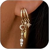 Gold Dangle Earrings for Women Fashion Cubic Zirconia Moon Star Cross Dangle Drop Earrings Dainty 14k Gold Plated Triple Huggie Tassel Stud Earring Festival Party Prom Statement Jewelry for Women