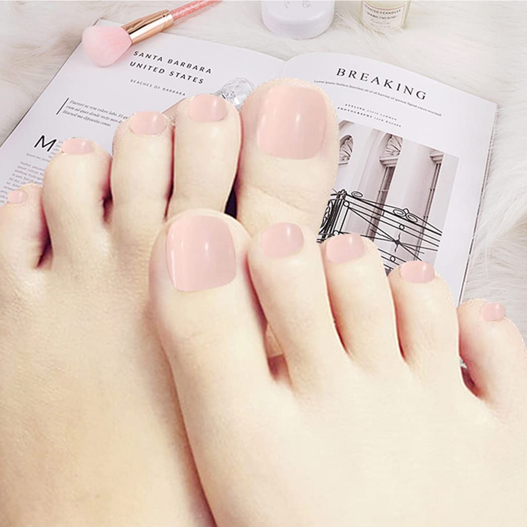 Handcess Square Glossy False Toe Nails Short Nude Pink Fake Feet Nail Full Cover Artificial Stick on Foot Nail Tips for Women and Girls(24Pcs)