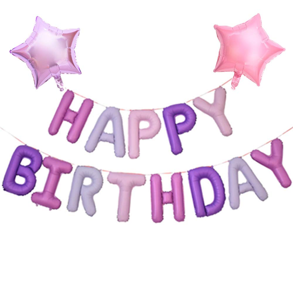 Girls Happy Birthday Balloon Banner Pink Purple – 16 Inch Self Inflating Happy Birthday Banners Balloons with 2 Pack 18in Stars, 2 straws & 1 Roll Ribbon