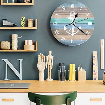 erolrail Anchor Navy Coastal Theme Home 12 Inch Silent Vintage Design Wooden Round Wall Clock Arabic Numerals Design Non… 51E89RvEh3L
