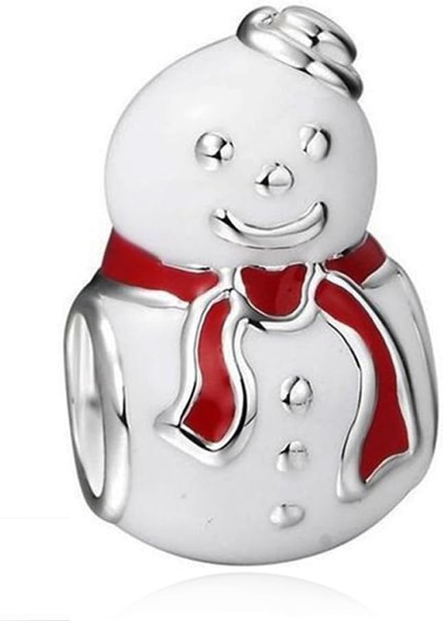 Snowman Charms Fits Pandora Bracelets White and Red Enamel 925 Sterling Silver Bead