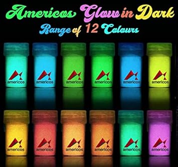 Americos Chemicals Private Limited Skin Safe Long-Lasting Self Glowing DIY Acrylic Paint 12 Color Glow in The Dark Epoxy Resin Luminous Pigment Powder in UV Lamp for Slime Kit, 5 g Each (Total 60 g)