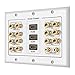 [3-Gang 7.2 Surround Sound Distribution] Home Theater Copper Banana Binding Post Coupler Type Wall Plated for 7 Speakers, 2 RCA Jacks for Subwoofers & 3 HDMI Ports
