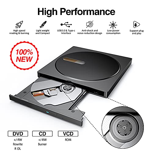 VersionTECH. External CD DVD Drive, USB 3.0 Type C UltraSlim