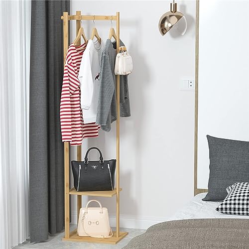 medla Bamboo Clothes Hanger Stand: Wood Cloth Rack with 3 Hanging Hooks and 2 Tier Shoe and Bag Storage Shelves Free Standing Coat Organizer for Hallway Home Office
