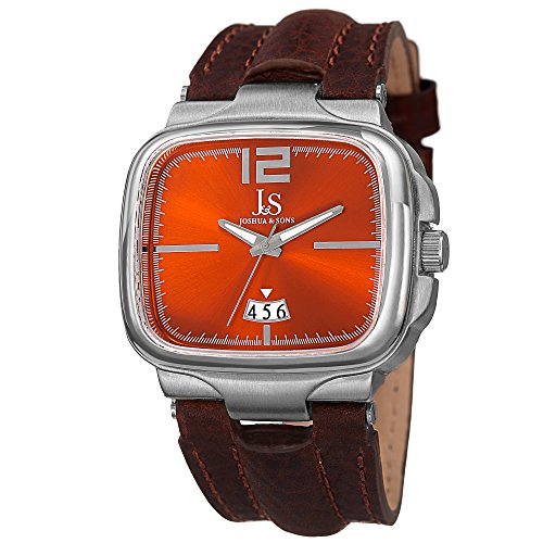 Joshua & Sons Men s JX117OR Silver Square Case Swiss Quartz Watch With Orange Dial And Brown Leather Strap
