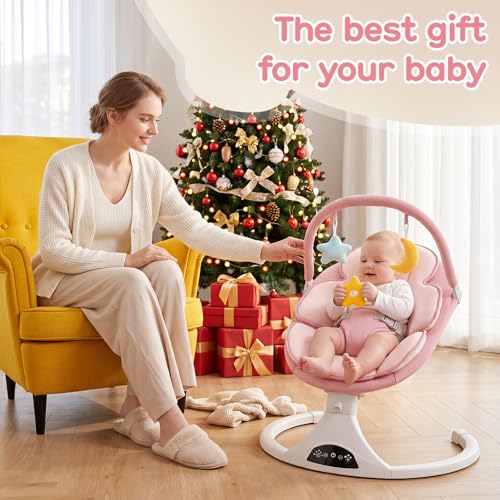 Electric Baby Swing with Remote Control - 5 Natural Motion Speeds, Detachable Seat Pad | Portable Infant Swing for Indoor/Outdoor Use (0-6M, 20lbs) (Pink)