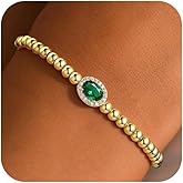 Turandoss Birthstone Beaded Bracelets for Women – 14K Gold Plated Oval Charm 12 Months Created Birthstone Beaded Bracelet Stretch Jewelry for Women Girlfriend