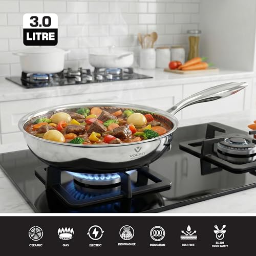 VOGATI FRY PAN 24CM TRY-PLY STAINLESS STEEL (3 LITRES) WITH GLASS LID -WELDED HANDLE-INDUCTION COMPATIBLE COVERED PAN-SHALLOW CASSEROLE - (100% PFOA FREE) (3 Litres)