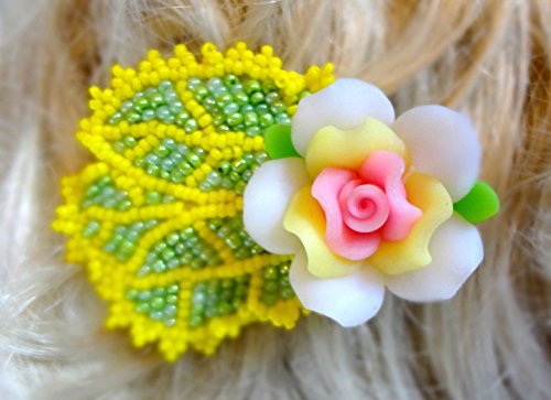 Spring Pastel Beaded Flower Hair Clip Alligator Fascinator in Yellow Green and Pink
