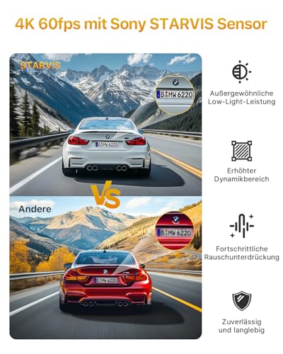 Car Dash Cam, Dual 4K 60fps+2.5K, 5G WiFi Car Camera with SD 64G, 1.47 Inch IPS Screen, GPS, Super Night Vision, G-Sensor, Loop Recording, HDR, 360° Rotating, Max 512GB