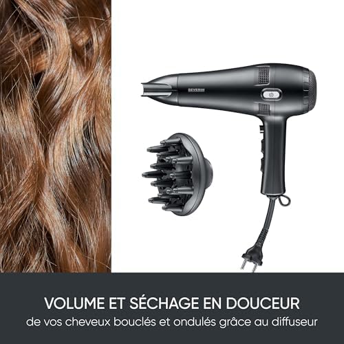 Seche cheveux avec câble rétractable automatique, Sèche cheveux avec diffuseur et concentrateur amovibles, sèche-cheveux puissant 2 100 W, Noir, HT 0165