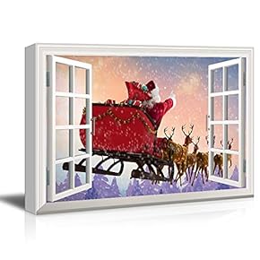 Window Frame Style Canvas Wall Art - Santa Claus in The Flying Sledge with Reindeers - Giclee Print Gallery Wrap Modern Home Art Ready to Hang - 12x18 inches