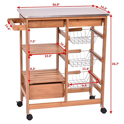 Bamboo Rolling Island Trolley Kitchen Cart Storage Shelf Drawers Basket Dining - Thumbnail 2