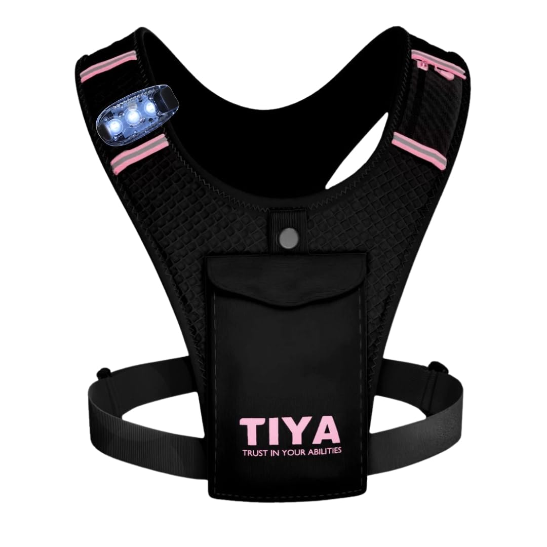 TIYA Running Vest Phone Holder with Light | Waterproof | Touchscreen Compatible | No-Bounce | Reflective | Ultra-Lightweight | Running Accessory for Men & Women | Black/Pink