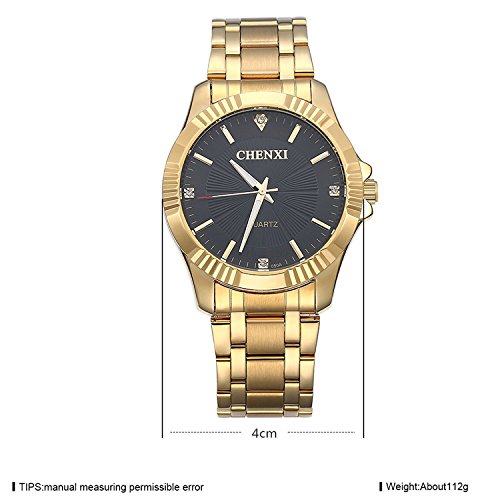 Fanmis Men's Luxury Analog Quartz Watch IP Gold Plating Stainless Steel Black Dial with Rhinestones Business Wrist Watch