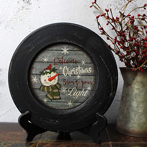 CVHOMEDECO. Snowman Welcome Christmas Decorative Plate Rustic Distressed Round Display Wooden Plate Home DÃ©cor Art, 10-3/4 Inch