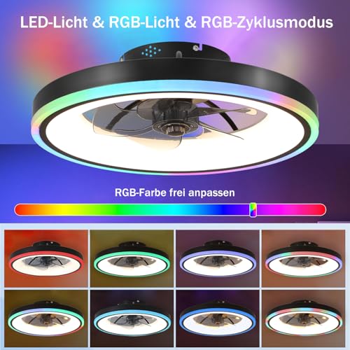 TYJY RGB Modern Silent Ceiling Fan with Light, 60 W Dimmable LED (3000 K-6500 K) RGB Ceiling Fans with Remote Control APP, Timer, 6 Speed, for Living Room, Bedroom, Black