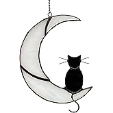Black Cat Decor On White Moon Stained Glass Window Hanging Suncatcher for Windows Panels Sun Catcher Halloween Ornament Decoration Memorial Gift for Lover Cat Loss