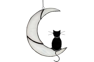 ZUAJITER Black Cat Decor On White Moon Stained Glass Window Hanging Suncatcher for Windows Panels Sun Catcher Halloween Ornament Decoration Memorial Gift for Lover Cat Loss