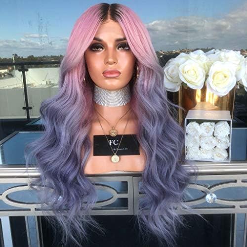 MCYs Two-color bleaching powder purple wig Women Long Curly Straight Wavy Synthetic Full Hair Wig Pink Purple Cosplay