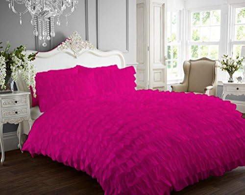 1200 Thread Count 5 Pc Ruffle Duvet Cover Set (1 Duvet Cover &amp; 4 Pillowshams) with Corner Ties 100% Pima Cotton Luxurious &amp; Hypoallergenic By Serene Linens (Queen / Full, Hot Pink)