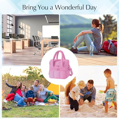 Insulated Lunch Bag for Men Women Kids, Large Reusable Double Layer Lunchbox Cooler Bag with Adjustable Strap, Leakproof Thermal Food Storage Tote for Work, School, Picnic, Travel - Pink