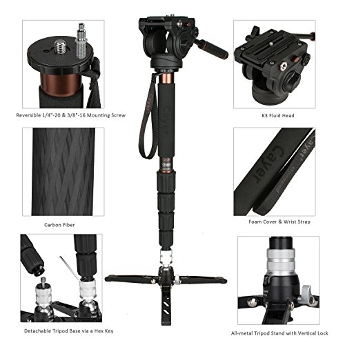 Camera Monopod Kit, Cayer CT35DV 68 inch Carbon Fiber Video Monopod Leg and K3 Fluid Head with Removable Tripod Base for DSLR and Video Camera Camcorders,Plus 1 Extra Quick Release Plate,Carrying Bag
