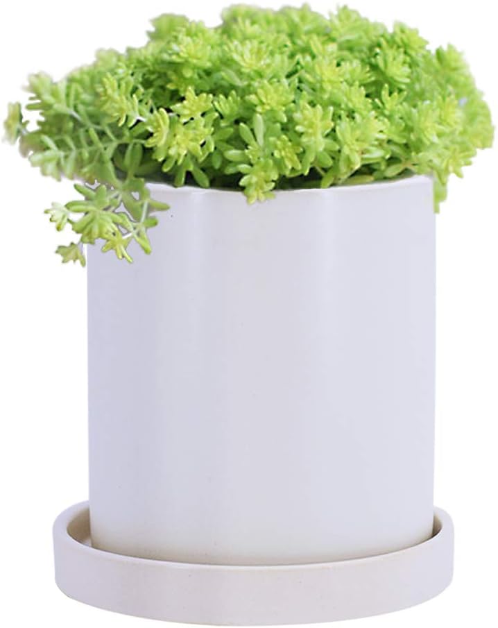 GeLive Small Matt White Ceramic Succulent Planter, Flower Plant Pot with Drainage Hole and Tray Saucer, Nordic Minimalism, Elegant Modern Home Decor