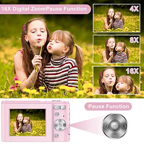 Digitalkamera 1080P HD Kompaktkamera 36 Megapixel Mini-Videokamera 2,4" LCD Digitalkamera wiederaufladbare Fotokamera mit 16X Digitalzoom für Studenten/Erwachsene/Kinder/Anfänger (Rosa) – Bild 4