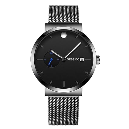 BINZI Fashion Mens Analogue Quartz Watches with Black Mesh Strap Calendar Man Watch - 80068 (Business Black)