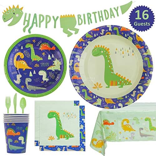 My Greca Dinosaur Party Supplies Pack - Plates, Cups, Napkins, Happy Birthday Banner, Table Cover, Cutlery Set - Serves 16 - Dinosaur Roar Theme Birthday Party Decorations for Boys and Girls.