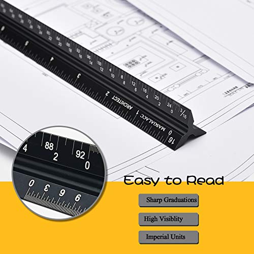 MASGALACC 12-Inch Architectural Scale Ruler Set (Imperial) Laser-Etched Triangular Drafting Tool for Blueprints Scale Architectural Drafting Ruler Standard Metal Architect Ruler - Thumbnail 3