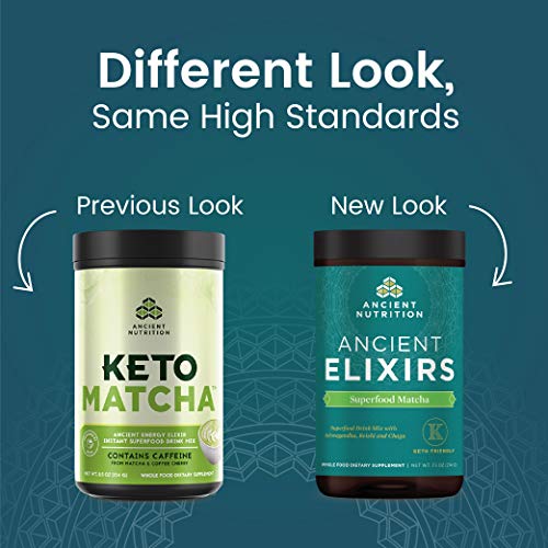 Matcha Green Tea Powder with Ashwagandha by Ancient Nutrition, Ancient Elixirs Superfood Matcha Energy Powder, with MCTs, Promotes Healthy Energy Levels, Paleo and Keto Friendly, 20 Servings