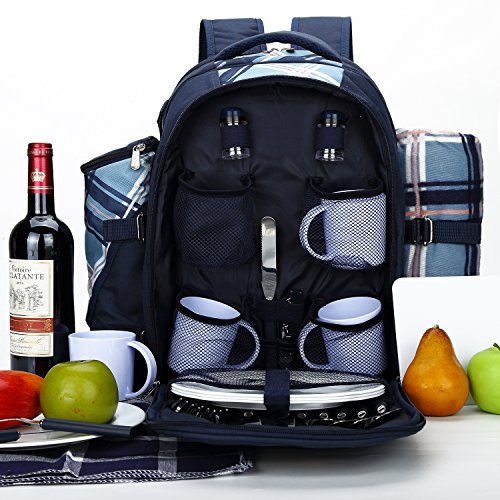 APOLLO WALKER Picnic Backpack For 4 With Cooler Compartment, Blue on