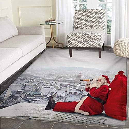 Christmas Door Mats Home Santa Claus Sitting on Roof Top Looking Through Binoculars Cloudy Cityscape Bath Mat Bathroom Mat Non Slip 60"x71" Red Pale Grey