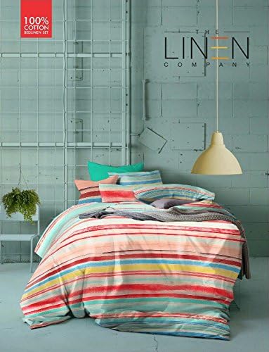 The Linen Company 100% Cotton 300 TC Premium Double Bedsheet with 2 Pillow Covers (Peach Pink Yellow Blue Stripes)