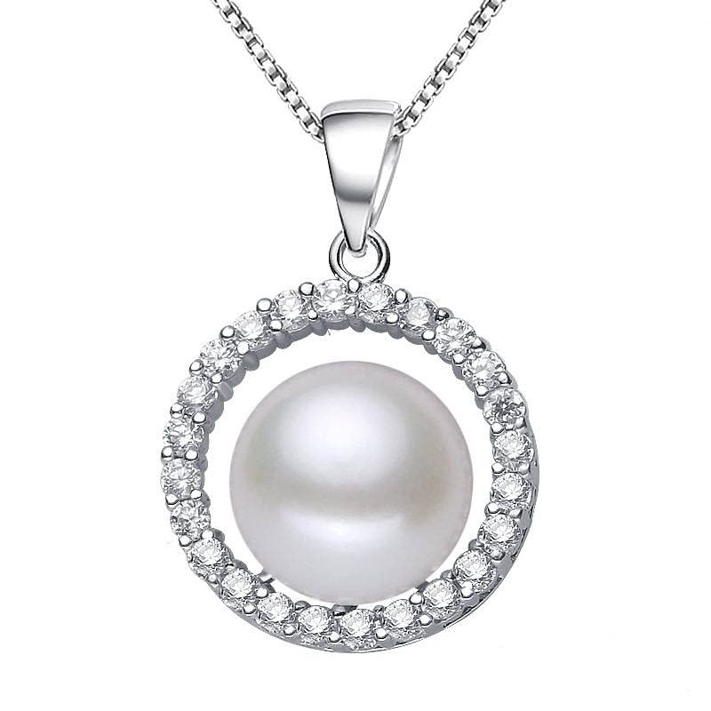 PoE Necklace 925 Silver with Round Zirkonia Pendant and Freshwater Pearl 9 mm