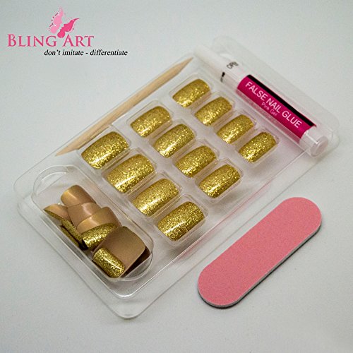 Bling Art Gel False Nails French Manicure Gold Glitter Medium 24 Tips UK