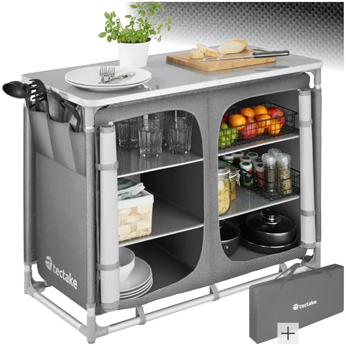 tectake® Faltbare Reiseküche, Camping Küche mit Aluminium Gestell, Camping Zubehör Küchenschrank, Campingtisch für Outdoorküche, Wohnwagen, Vorzelt, Outdoor Cam