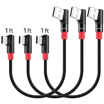 90 Degree USB C Cable, SUNGUY【3Pack, 1ft x3】Right Angle 3A Type C to 45 Degree USB A Braided Cord Quick Charge & Data Sync for Samsung Galaxy A20 A30, Moto G7 Plus G6 Plus, OnePlus 6T 5T (Black)