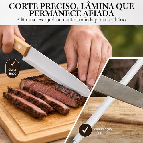 Jogo de Churrasco Tradicional 6 Peças, Kit Churrasco com Tabua, Faca Churrasco, Garfo Trinchante, Pegador para Carne e Afiador, Laminas em Aço Inox, com Bolsa Portátil, Ideal para Camping e Viagens
