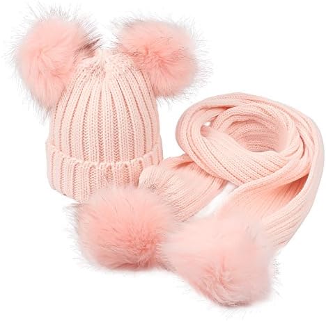 Baby Girls Knitted Hat Scarf Set Boys Kids Warm Detachable Double Faux Fur Pom Crochet Skull Cap Beanie Hats
