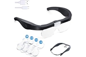 NZQXJXZ Headband Magnifier, Rechargeable Magnifying Glasses with Light Hands Free Interchangeable Magnification Lenses 1.5X 2.5X 3.5X 5X for Jewelry, Crafts, Cross Stitch