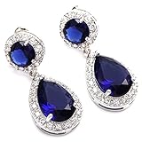 FC White Gold GP Royal Blue CZ Crystal Sapphire Color Teardrop Dangle Bridal Wedding Earrings