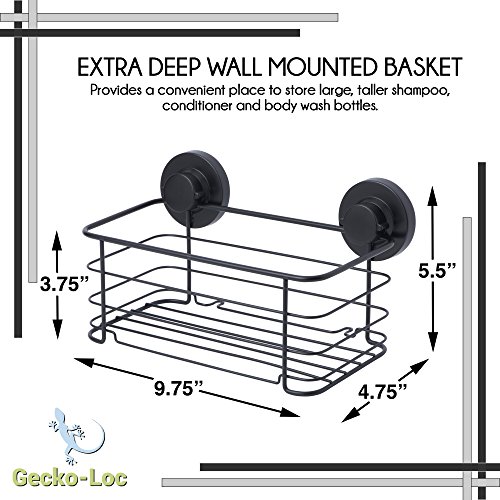 Gecko-Loc Deep Shower Shelf Caddy Storage Basket Shampoo Conditioner Holder w Vacuum Suction Cups No Hooks No Drilling - Sponge Shampoo Conditioner Holder- Black SS - Adhesive DISKS Now Include