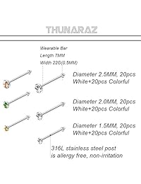 Thunaraz 60   120 piezas de acero inoxidable para nariz, piercing de piercing para el cuerpo, joyería 22 g, 1.5 mm, 2 mm, 2.5 mm